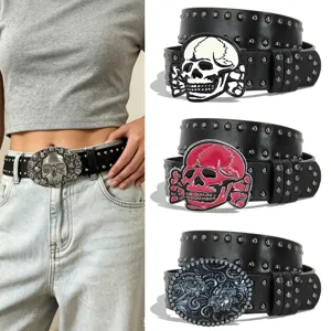 Ceinture de Taille en Cuir PU Rivet Punk Y2K Gothique pour Femmes Boucle en Métal Tête de Mort Vintage Streetwear Pantalon Casual