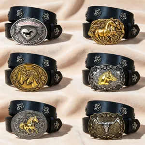 Unisex Western Cowboy PU Leather Belt With Large Oval Mustang Buckle Flower Heart Rivets Vintage Gothic Waist Belt For Jeans Skirts