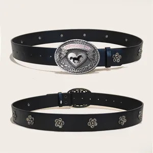 Black PU leather western belt with floral metal studs and distinctive oval horse buckle for women.