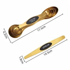 Stainless steel magnetic double-ended measuring spoons set in gold with precise scale markings.