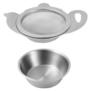 Edelstahl Teesieb mit Doppelgriffen und Ablageschale, feiner Maschenfilter für losen Tee.