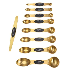 Magnetic double-headed measuring spoons 8-piece set in gold stainless steel with leveler.