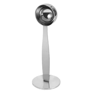 Stainless steel coffee tamper and scoop combo, vertical stand design for kitchen use.