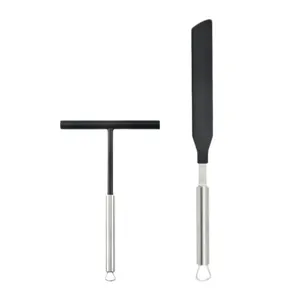 Stainless steel crepe spreader and spatula set for baking, crepe making, and kitchen use.