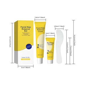 Facial hair removal kit detail showing cream tubes, soothing cream, spatula and sizes.