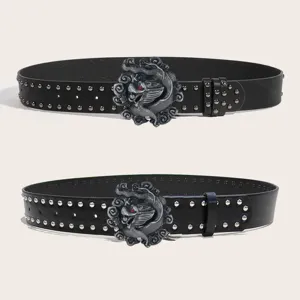 Cintura in pelle nera stile rock punk con fibbia dragone in lega e borchie metalliche