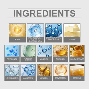Infographie détaillée des ingrédients cosmétiques nourrissants et protecteurs essentiels.
