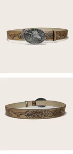 Retro Y2K western cowboy PU leather embossed belt with unique horse head metal buckle.