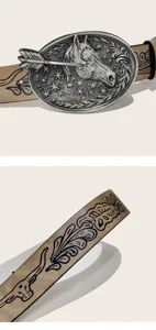 Vintage Western cowboy PU leather belt with large metal horse head buckle and floral emboss.