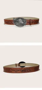 American retro Y2K western cowboy belt with horse head buckle and embossed PU leather.
