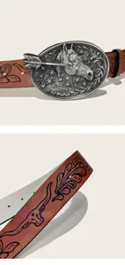 Western vintage Y2K cowboy horse head buckle embossed PU leather belt detail display