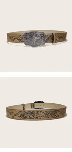 Detailed view of the vintage Western cowboy PU leather belt with embossed bull head pattern.