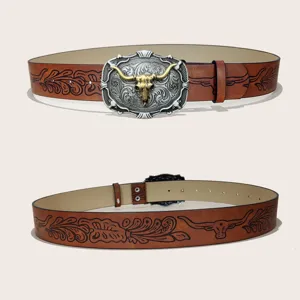Vintage Western cowboy bull buckle PU embossed belt, retro Y2K style fashion accessory for daily wear