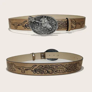 Vintage Western Cowboy PU Leather Belt with Metal Horse Head Buckle Embossed Unisex