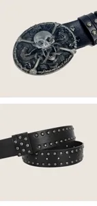 Punk style skull snake belt buckle and metal rivet black leather belt detail shot.