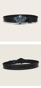 Punk style skull buckle leather belt detail shot, showcasing metal rivets and cool design.