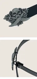 Punk style retro skull metal buckle black leather belt detail view showcasing intricate design.