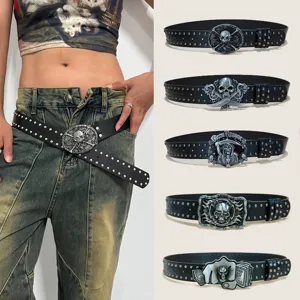 Men's Punk PU Leather Rivet Belt Vintage Metal Snake Skull Buckle Cool Streetwear Casual Jeans Pants Belt For Men