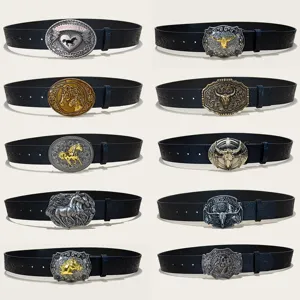 Unisex Vintage Western Cowboy Style PU Leather Belt With Metal Bull Horse Head Buckle Embossed Floral Fashion Waist Belt