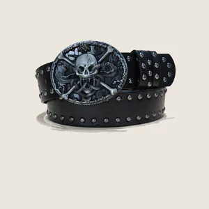 Punk skull snake buckle rivet black leather belt for men cool jeans decorative waist belt