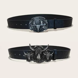 Western cowboy style PU leather belt with vintage bull head metal buckle for men and women fashion