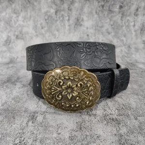Damen Retro Rosen geprägter PU Ledergürtel mit verziertem Vintage Metall Schnalle für Kleider.