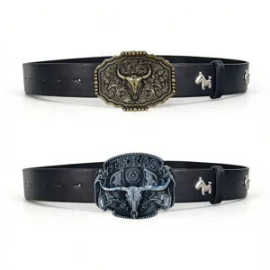 Retro punk style leather belt featuring detailed metal bull skull buckles and rivets.