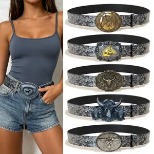 Retro Ethnic Style Cow Horse Metal Big Buckle Embossed PU Leather Belt