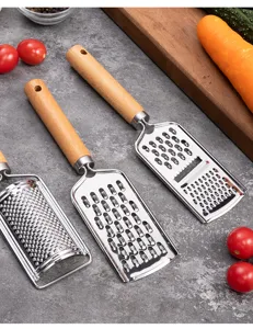 Stainless steel vegetable grater with wooden handle, multi-functional kitchen slicer for potato.