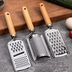 Stainless Steel Grater With Wooden Handle Multi-Functional Potato Cucumber Grater Kitchen Peeler Shredder Tool