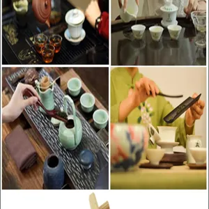 Detailed view of traditional Chinese tea set, teapot and tea infuser accessories in use.