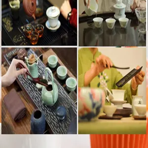 Traditional Chinese kung fu tea set detail showcasing ceramic teacups and wooden tea tray.