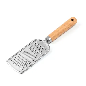 Stainless steel vegetable grater with wooden handle for kitchen food prep, main view.