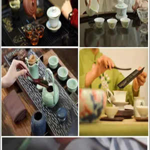 Vue détaillée du service à thé en céramique chinoise traditionnel en cours d'utilisation.