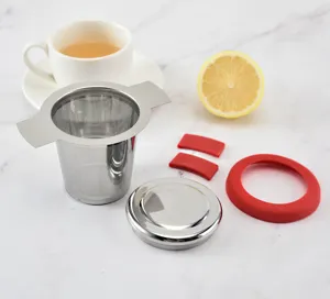 Stainless steel tea infuser basket with silicone handle and lid for loose leaf tea.