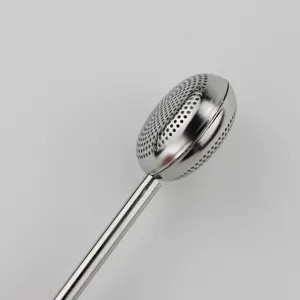Stainless steel tea infuser with long handle and ball mesh strainer for loose leaf tea.