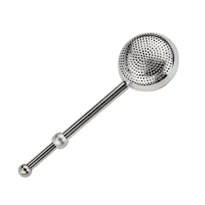 Stainless steel tea infuser with telescopic handle and mesh ball strainer for loose tea leaves.