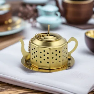 Infuseur à Thé Créatif en Acier Inoxydable 304 Passoire à Thé Polygone Or Filtre à Thé en Feuilles Avec Chaîne Accessoires de Thé