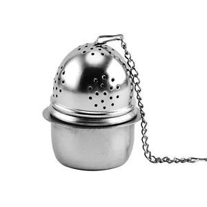 Stainless steel tea infuser ball with chain and drip tray for loose leaf tea brewing tool.