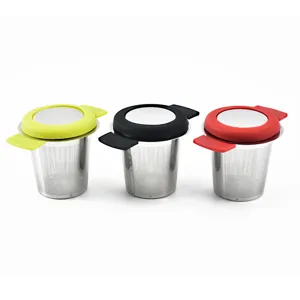 Stainless steel tea infuser with silicone lid and double handles for loose leaf tea brewing.