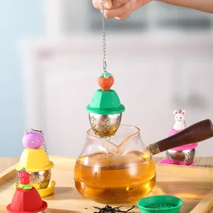 Edelstahl Silikon Tee Infusor Set Suesse Frucht Tier Teefilter mit Glas Kanne Neu