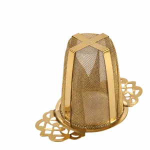 Stainless steel tea infuser with fine mesh, golden floral handles, perfect for office loose leaf tea.