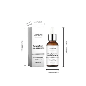 Vista detallada de las dimensiones del frasco y caja de sérum Viareline de 30ml.
