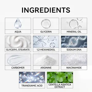 Ingredientes clave para el gel hidratante aclarante, cuidado facial diario suave.