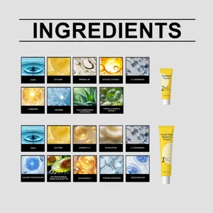 Facial hair removal cream set detail showing active ingredients and soothing formula items.