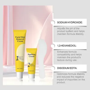 Facial hair removal cream set detail showing tube 50g and soothing cream 10g with formula notes.
