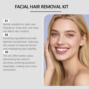 Facial hair removal kit detail showcasing gentle daily care and soothing ingredients benefits.