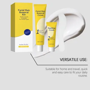 Detail view of facial hair removal cream and soothing cream set with cream texture display.