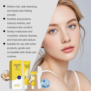 Facial hair removal kit detail featuring gentle cream and soothing formula for smooth skin.