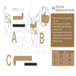 Detailed ring size measurement guide with step-by-step instructions and a clear size chart table